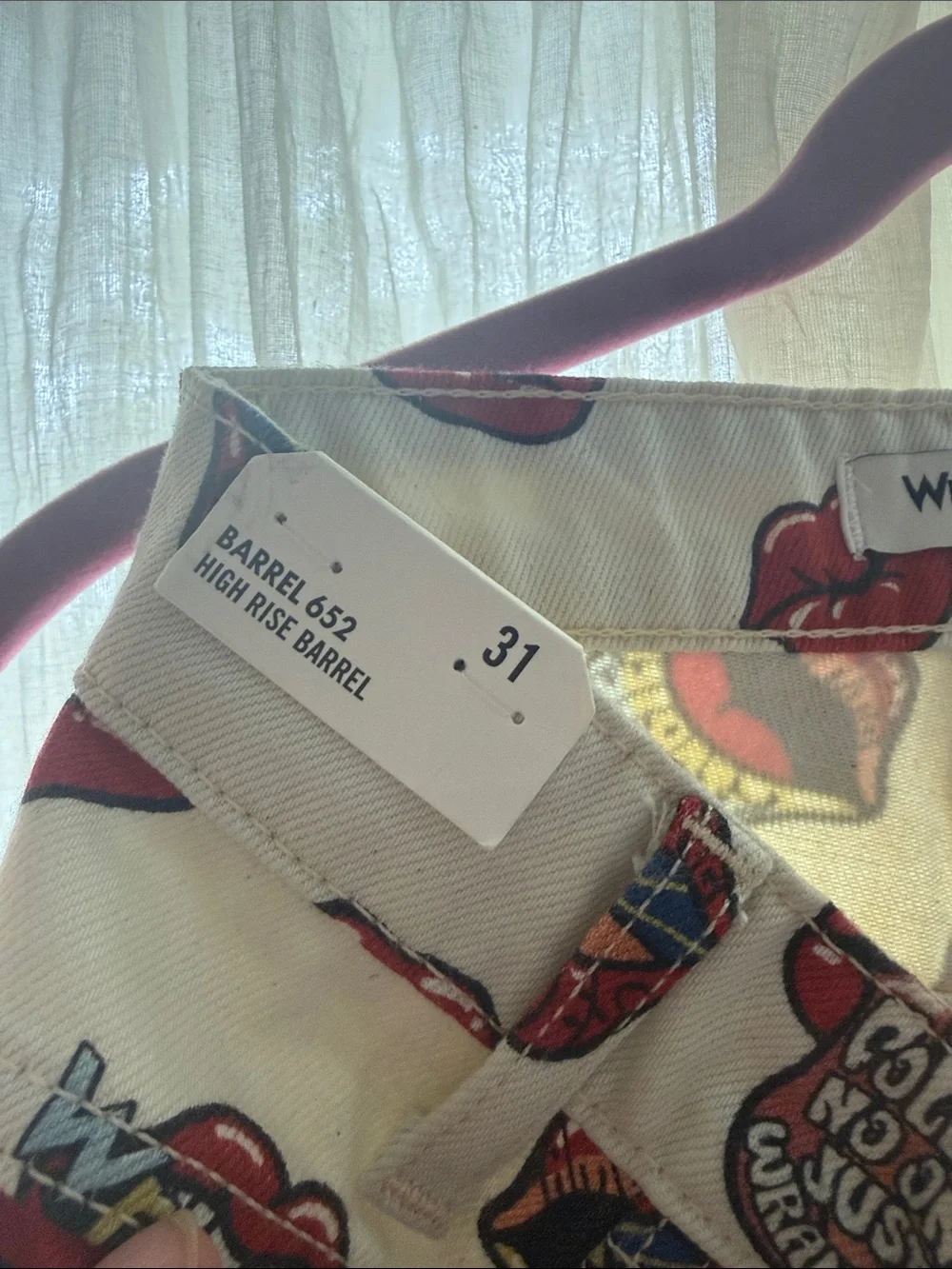 Wrangler High Rise White Barrel Jeans with Red Lip & Multicolor Graphic Print